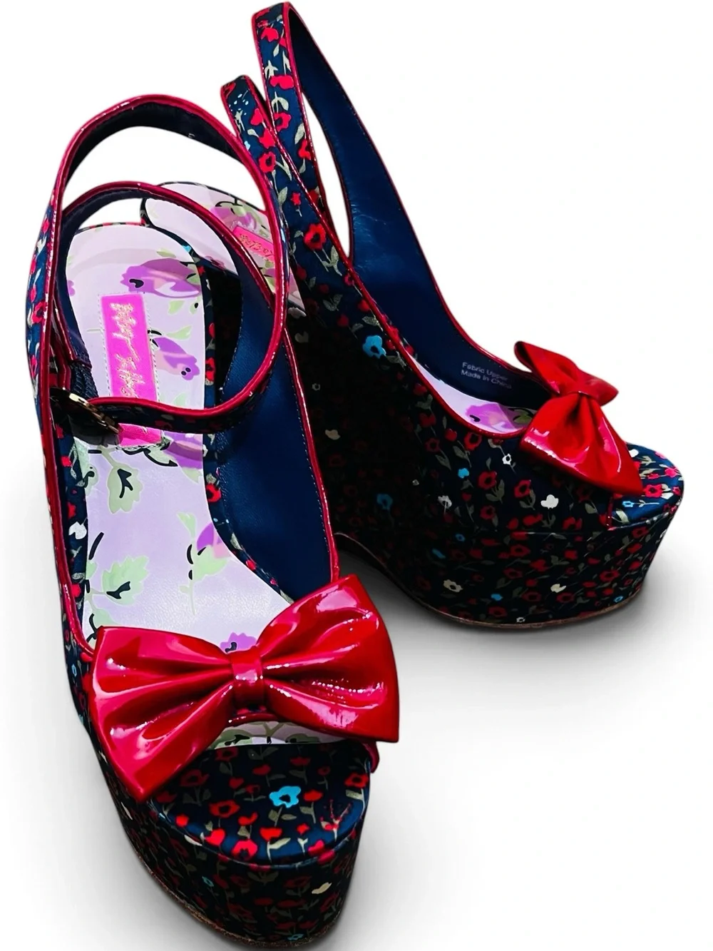Betsey Johnson Navy Floral Platform Slingbacks with Red Bow